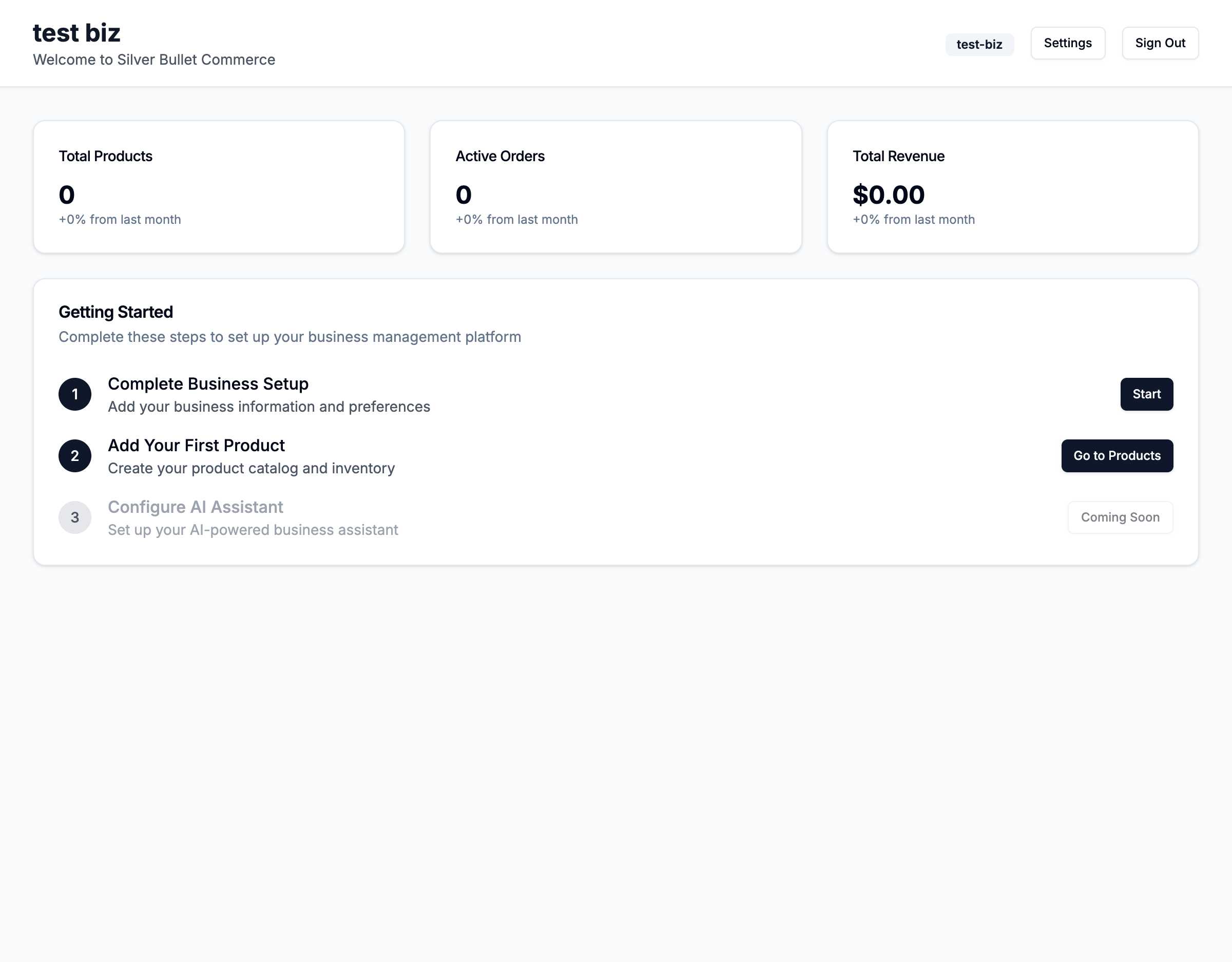 Silver Bullet Commerce business dashboard showing real-time metrics, inventory overview, and getting started guide for AI-powered business management
